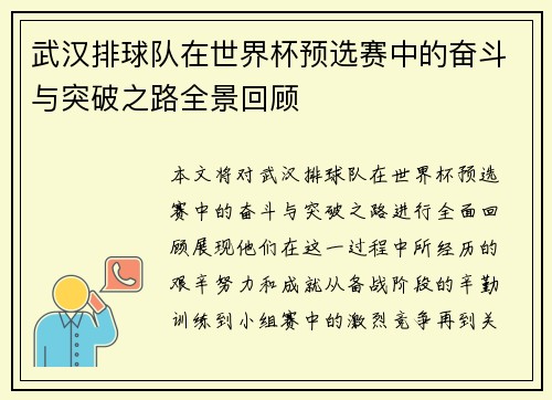 武汉排球队在世界杯预选赛中的奋斗与突破之路全景回顾